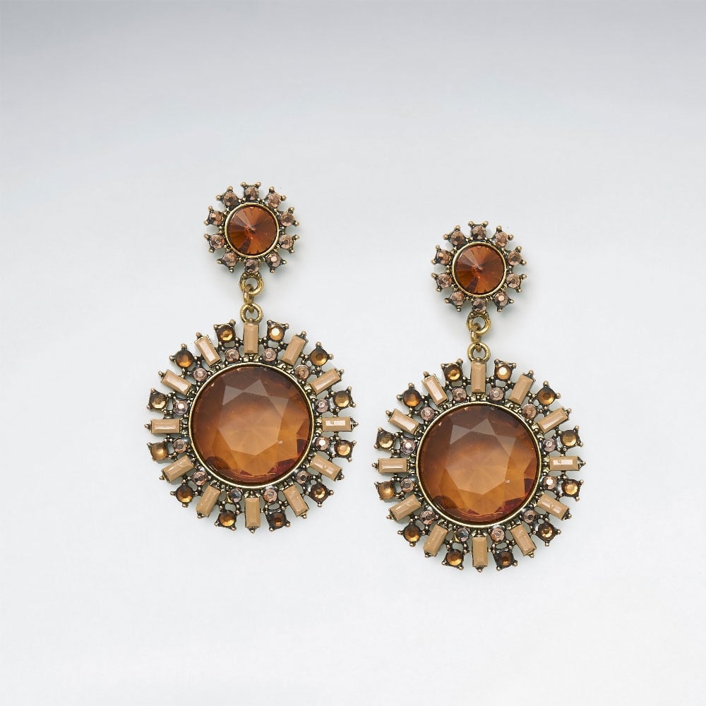 Bold Elegance Brass Sunburst Mixed Color Crystal Earrings