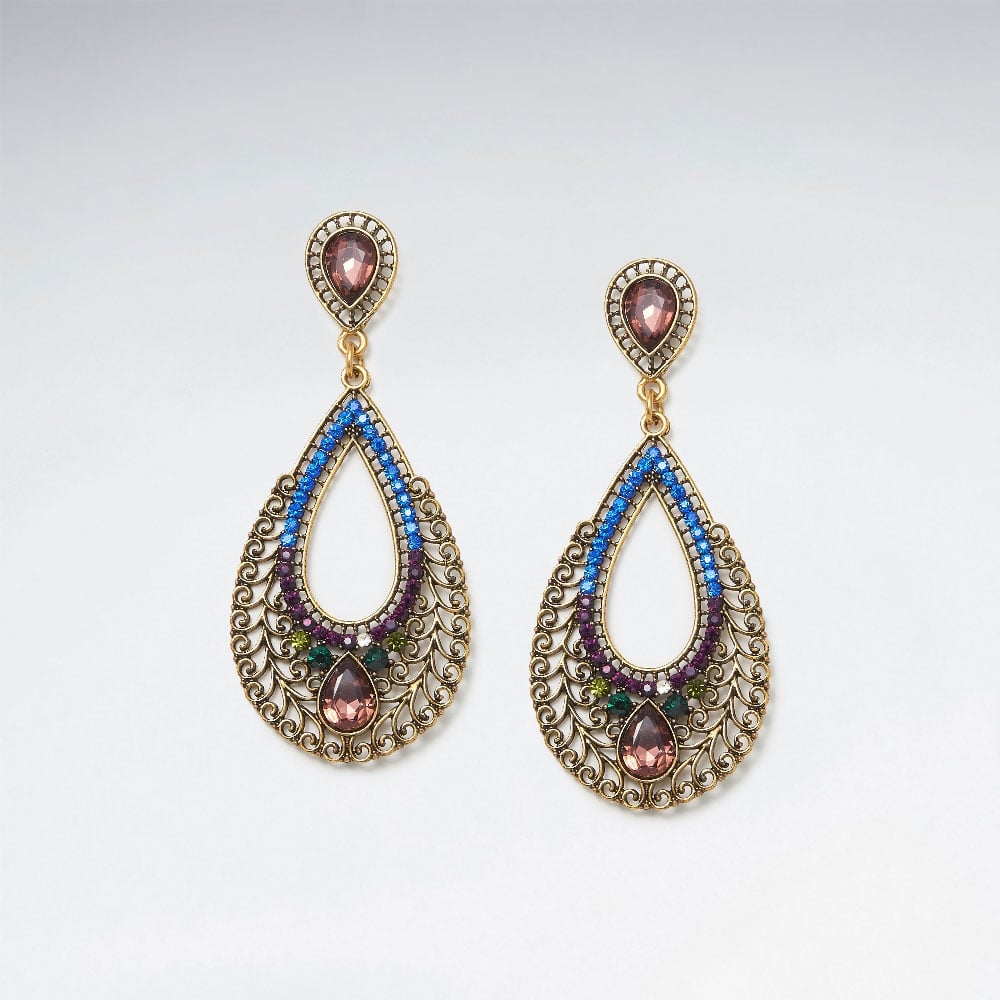 Brass Mixed Color Crystal India Bollywood Inspired Openwork Teardrop Earring
