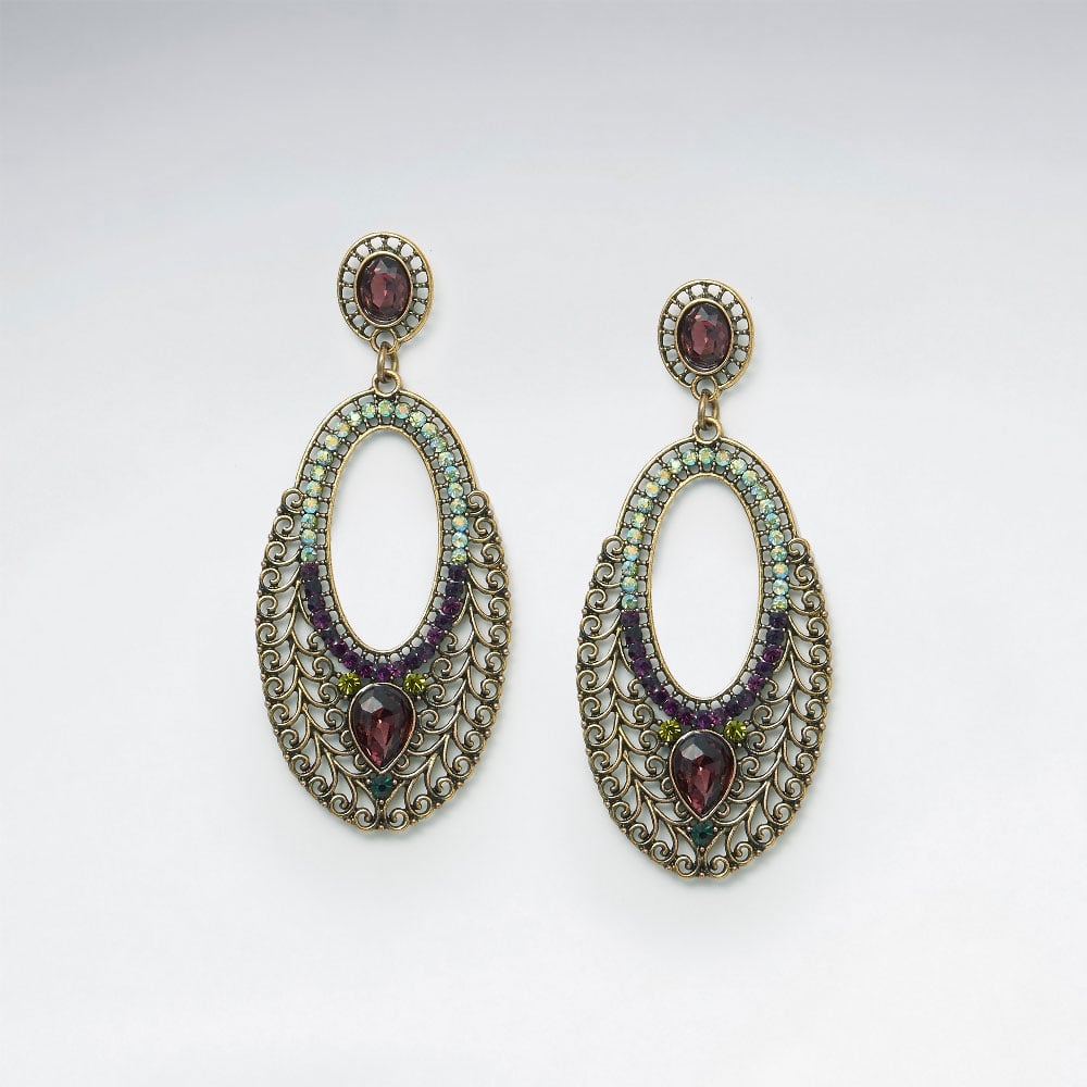 Brass Mixed Color Crystal India Bollywood Inspired Open Oval Earring