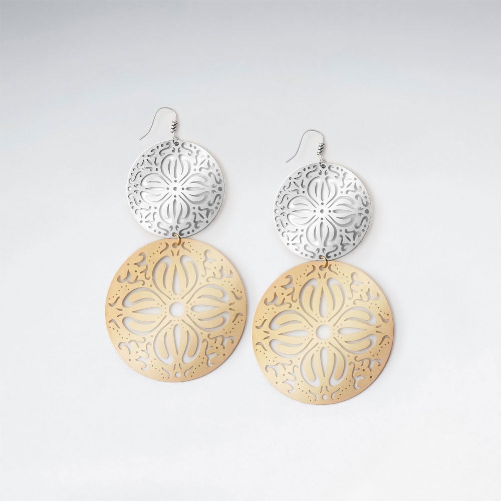 Brass & Silver Perforated Gradual Circle Drop Dangle Earring