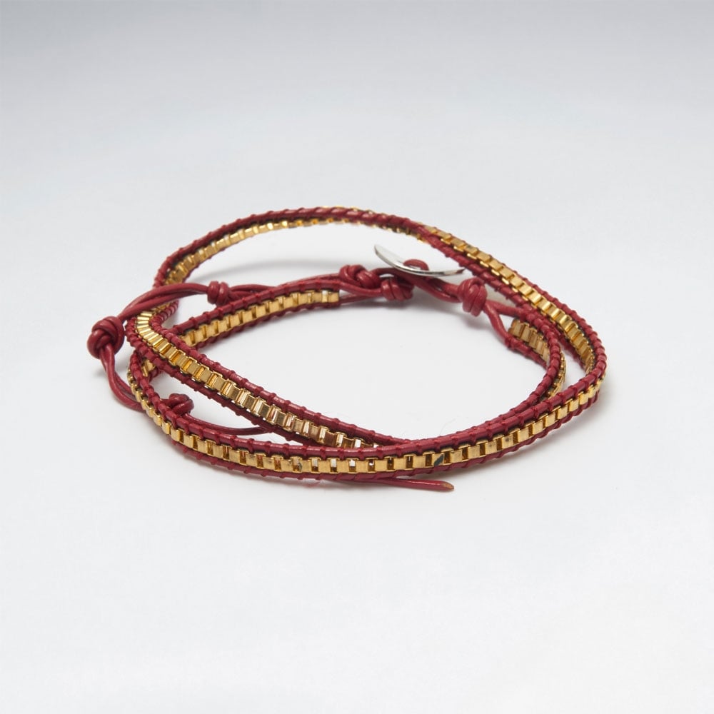 Double Loop Brass Leather Bead Bracelet