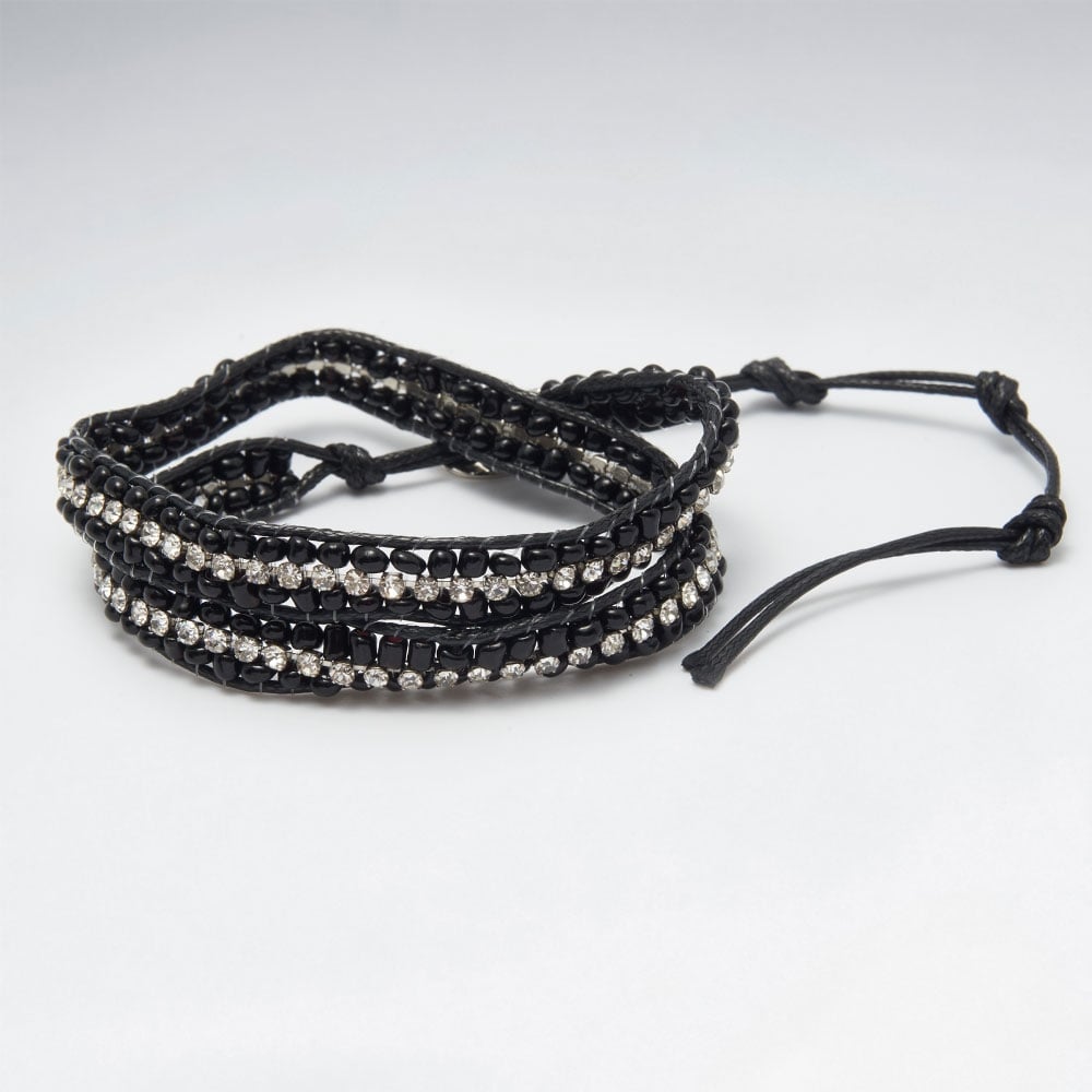 Multi-Strand Looped Nylon Crystal Black & Silver Beaded Bracelet