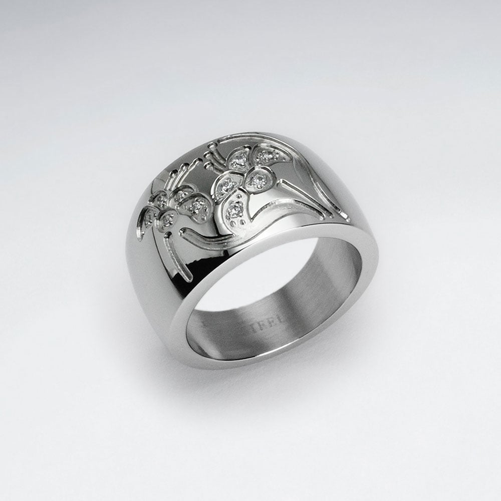 Stainless Steel Etched Designs Flower Crystal Ring