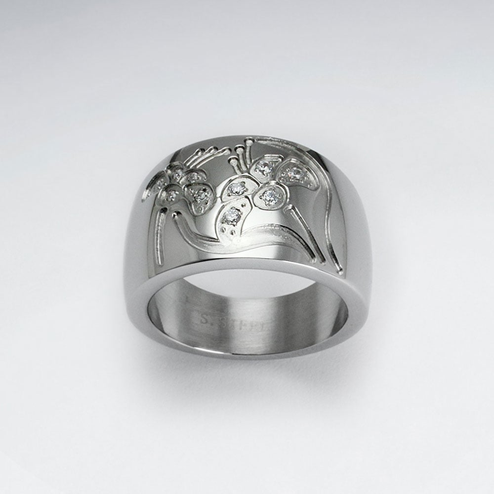 Stainless Steel Etched Designs Flower Crystal Ring