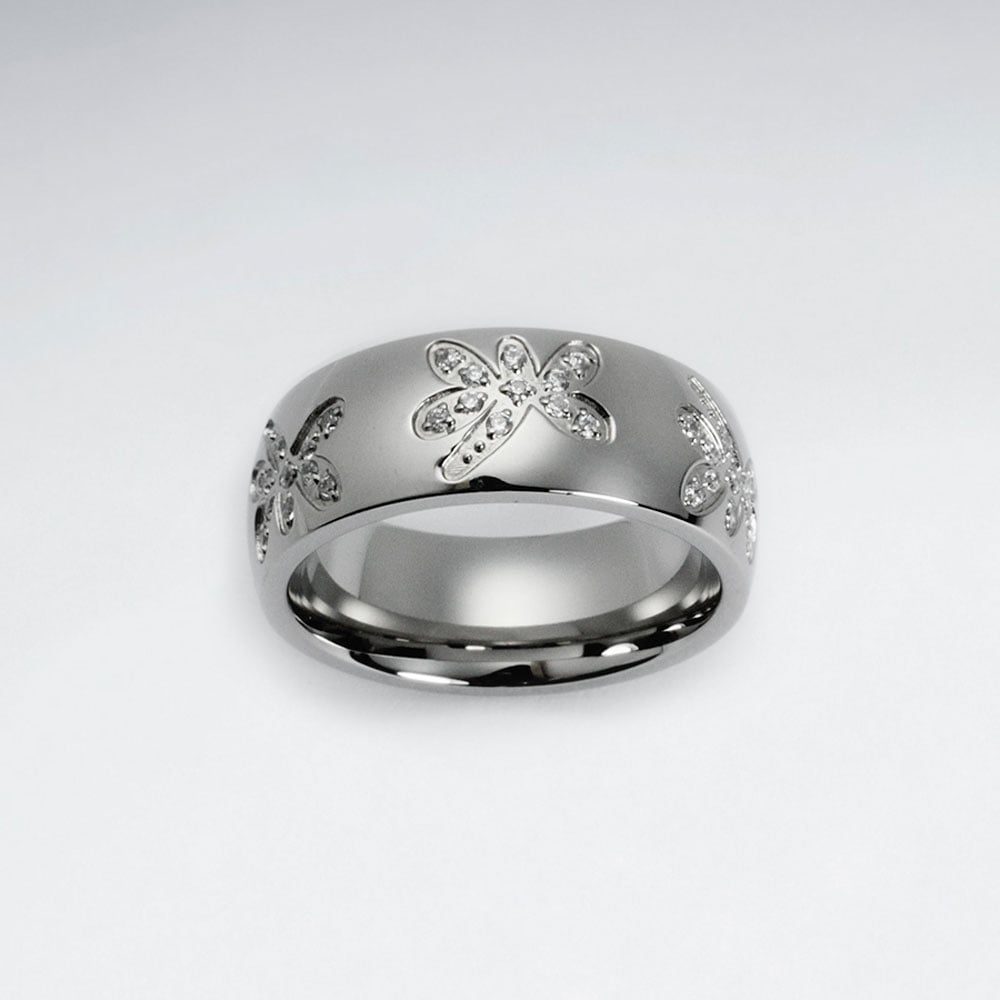 Stainless Steel Etched Dragonfly Textured Crystal Ring