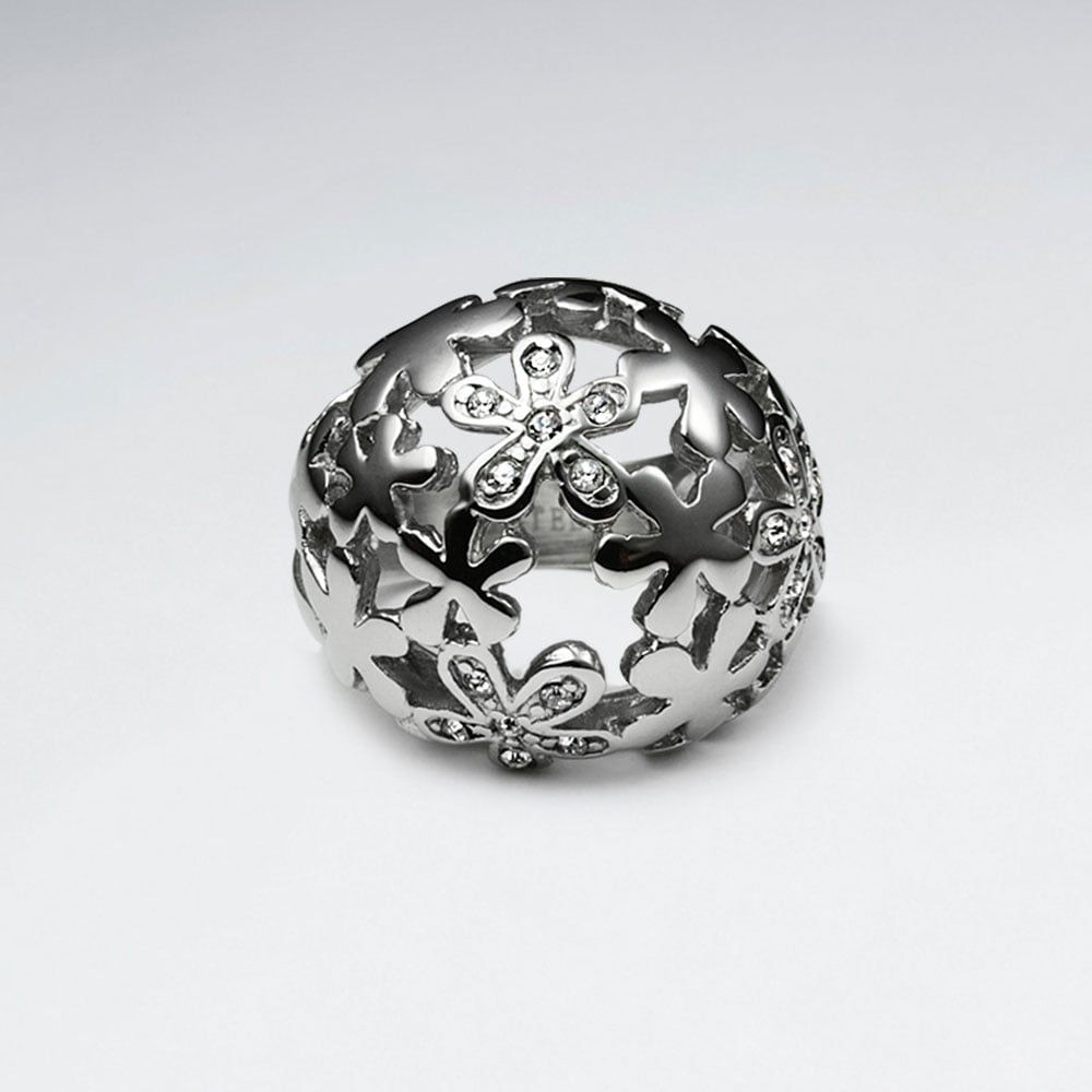 Stainless Steel Crystal Flower Cutout Dome Ring