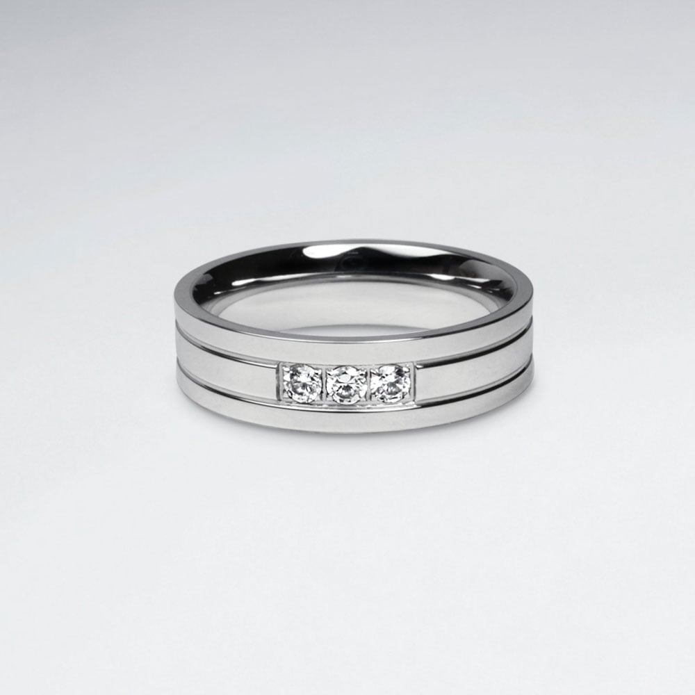 Crystal Accented Stainless Steel Ring
