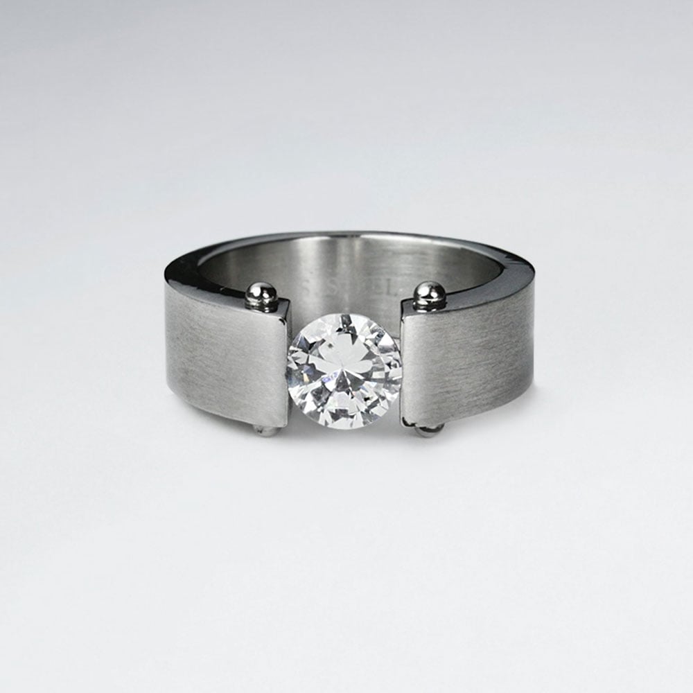 Stainless Steel Solitaire Crystal Ring