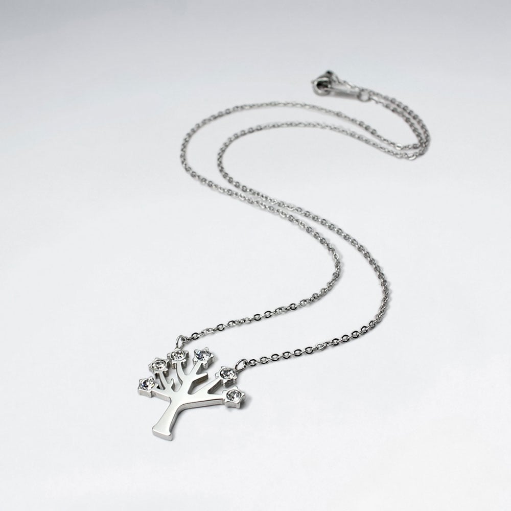 Stainless Steel Tree With Crystal Necklace