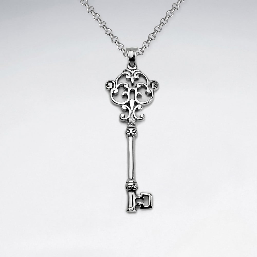 Stainless Steel Ornate Key Pendant