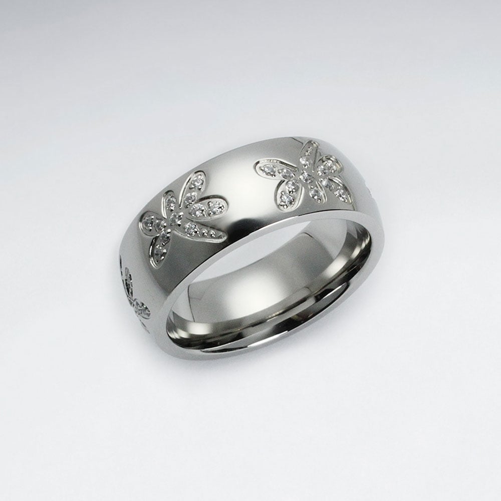 Stainless Steel Etched Dragonfly Textured Crystal Ring