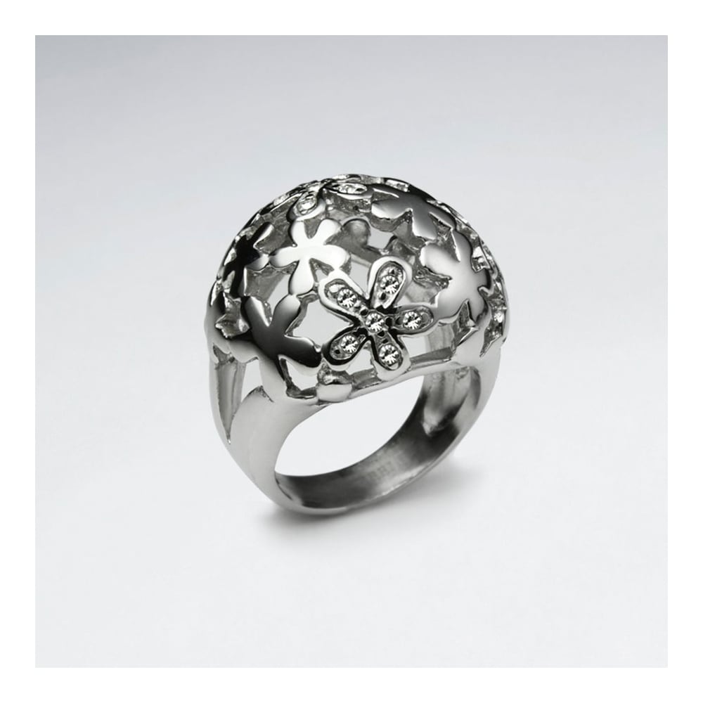 Stainless Steel Crystal Flower Cutout Dome Ring