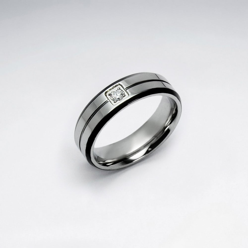 Stainless Steel Crystal Wide Band Line Ring