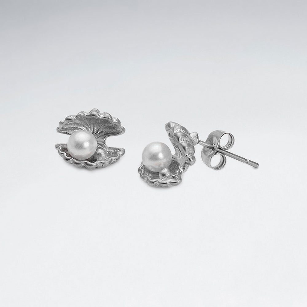 Brass Oyster Stud Earrings with Faux Pearl Accent