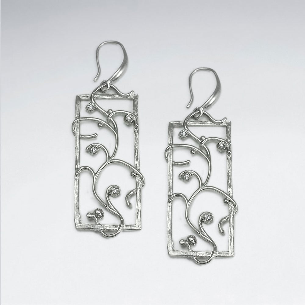 Brass & Crystal Rectangle Openwork Vine Hook Earrings