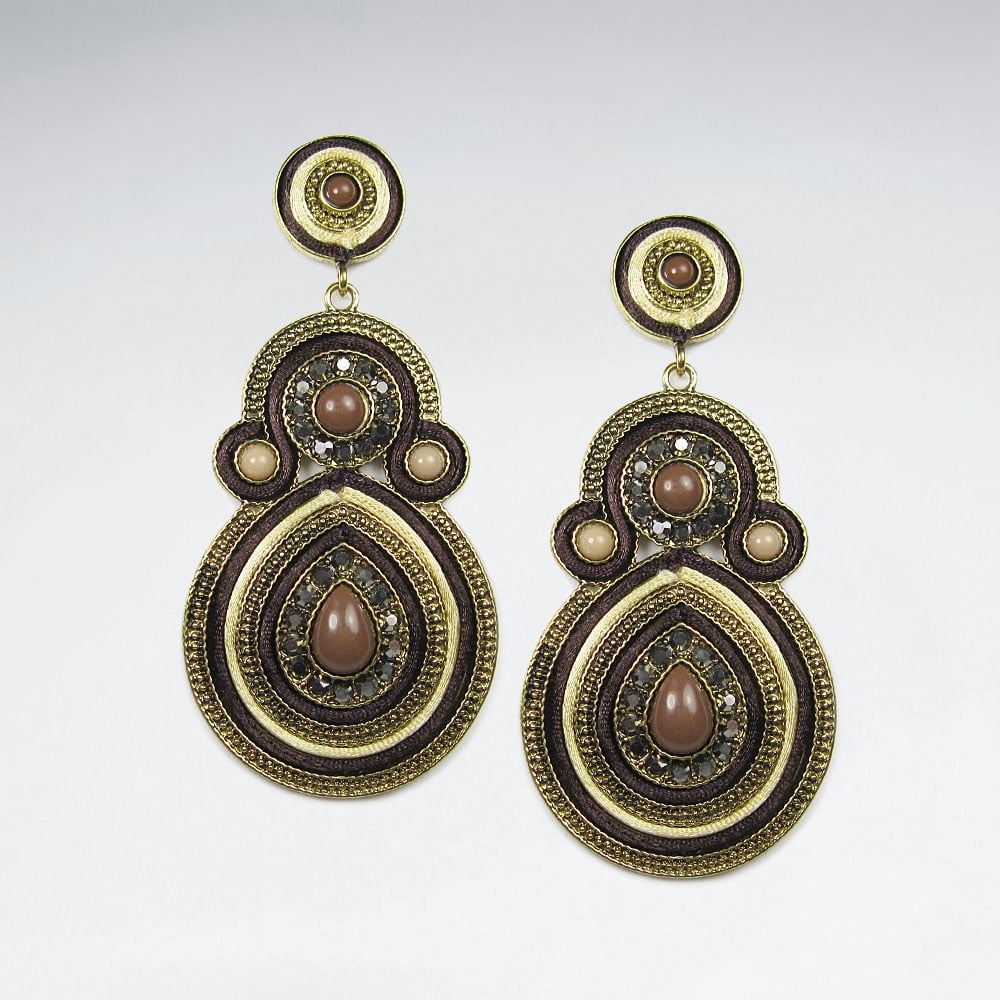 Aztec Brass Crystal Mixed Stone Glass Bead Gradual Circle Drop Earrings