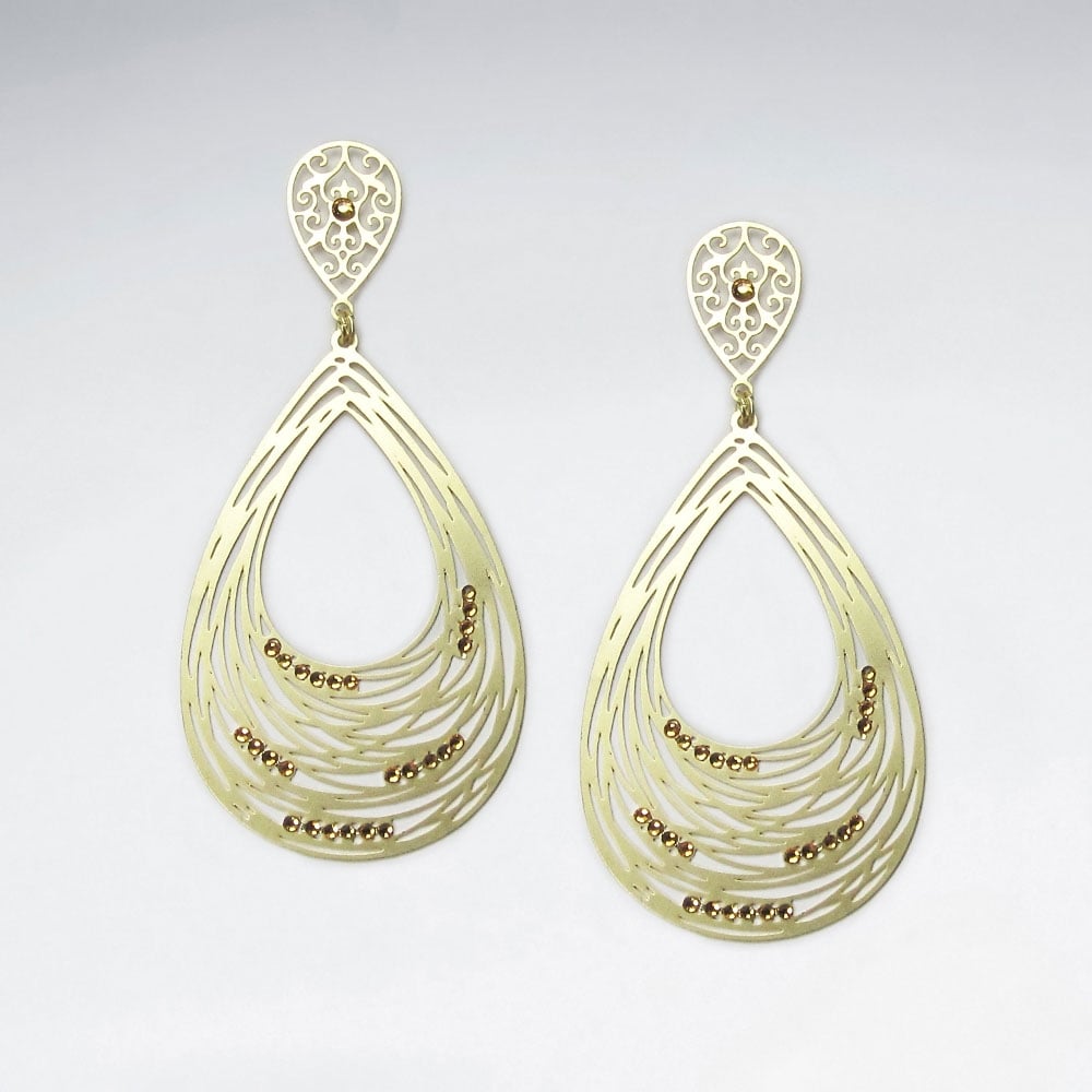 Brass Crystal Stone Abstract Spiral Teardrop Openwork Dangle Earrings