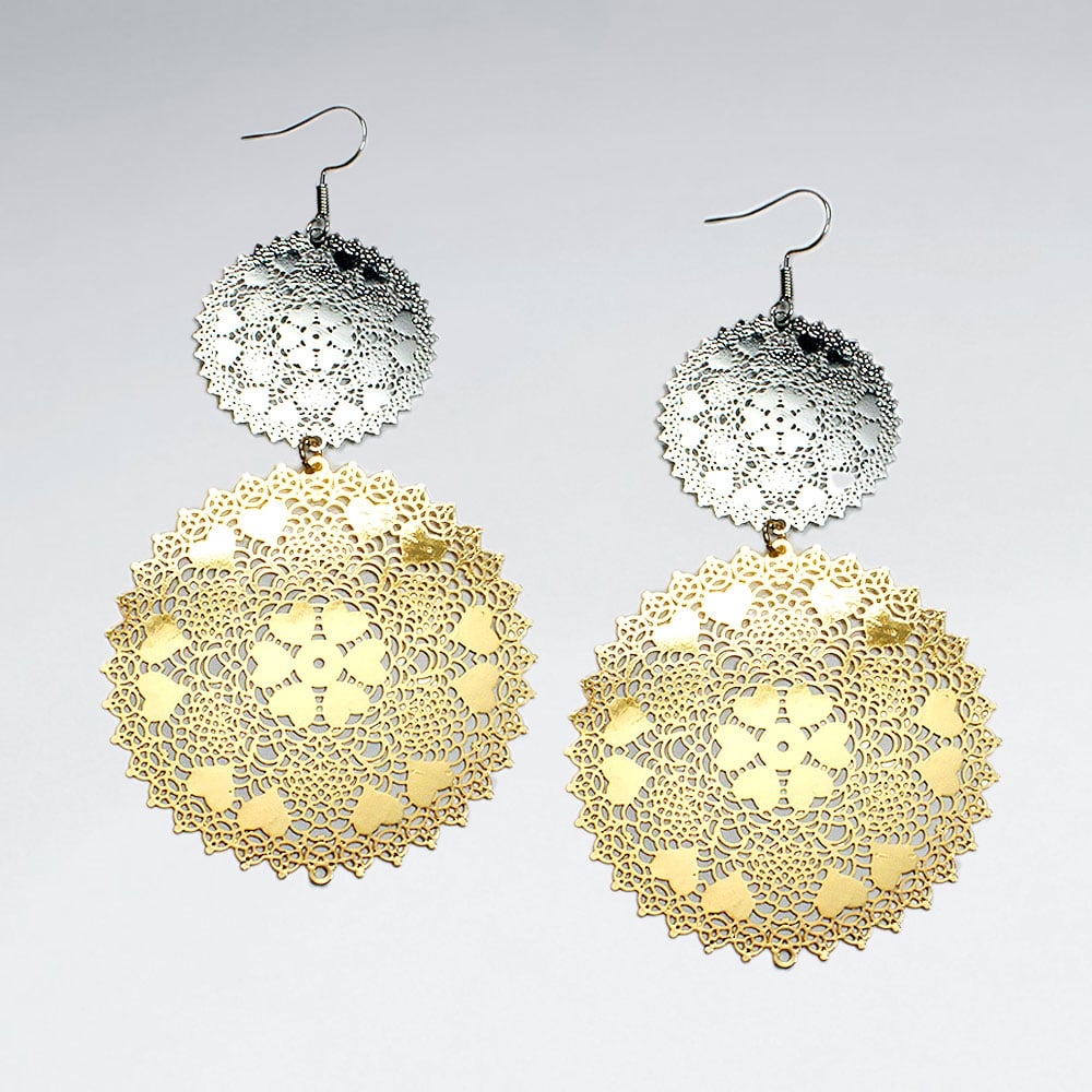 Brass Two Toned Gradual Aztec Disc Dangle Earrings