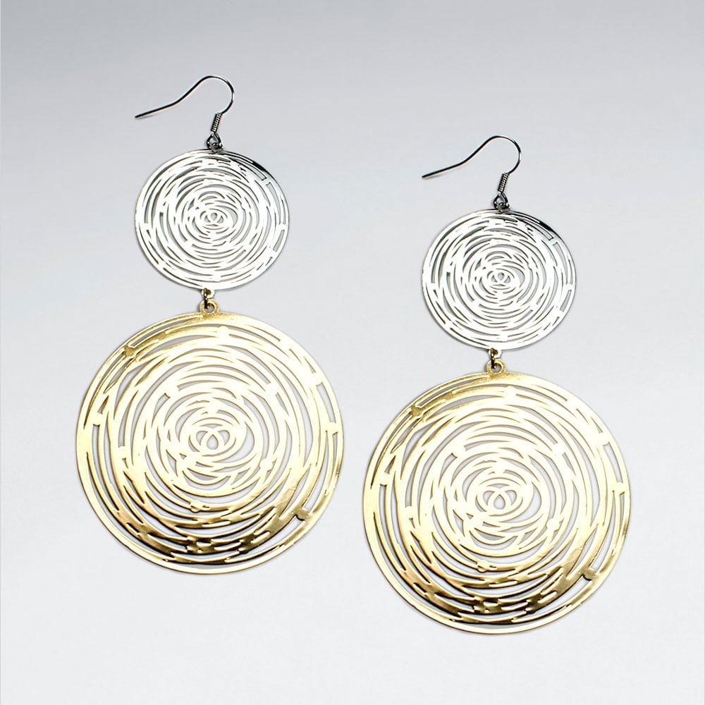 Brass Double Circles Gradual Abstract Spiral Two Tone Earrings