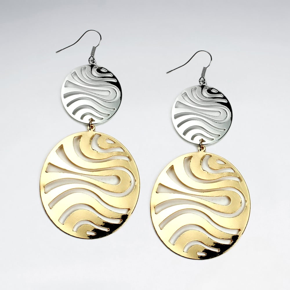 Brass Double Openwork Zebra Stripe Gradual Size Duel Tone Dangle Hook Earrings