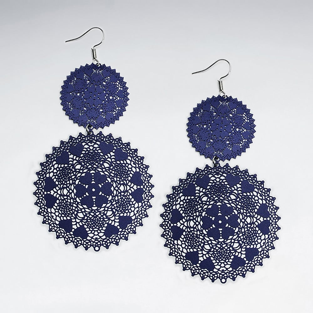 Blue Brass Lacework Double Disc Gradual Drop Earrings