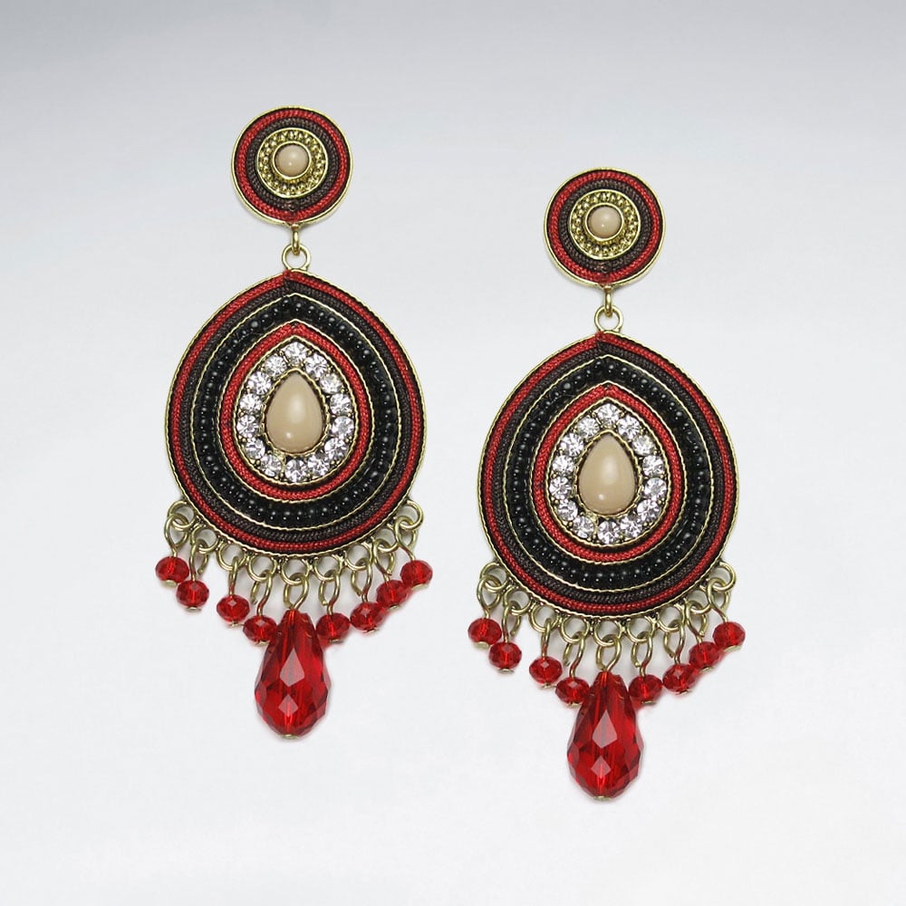 Brass Crystal Mixed Stone Red Aztec Inspired Dangle Stud Fringed Earring