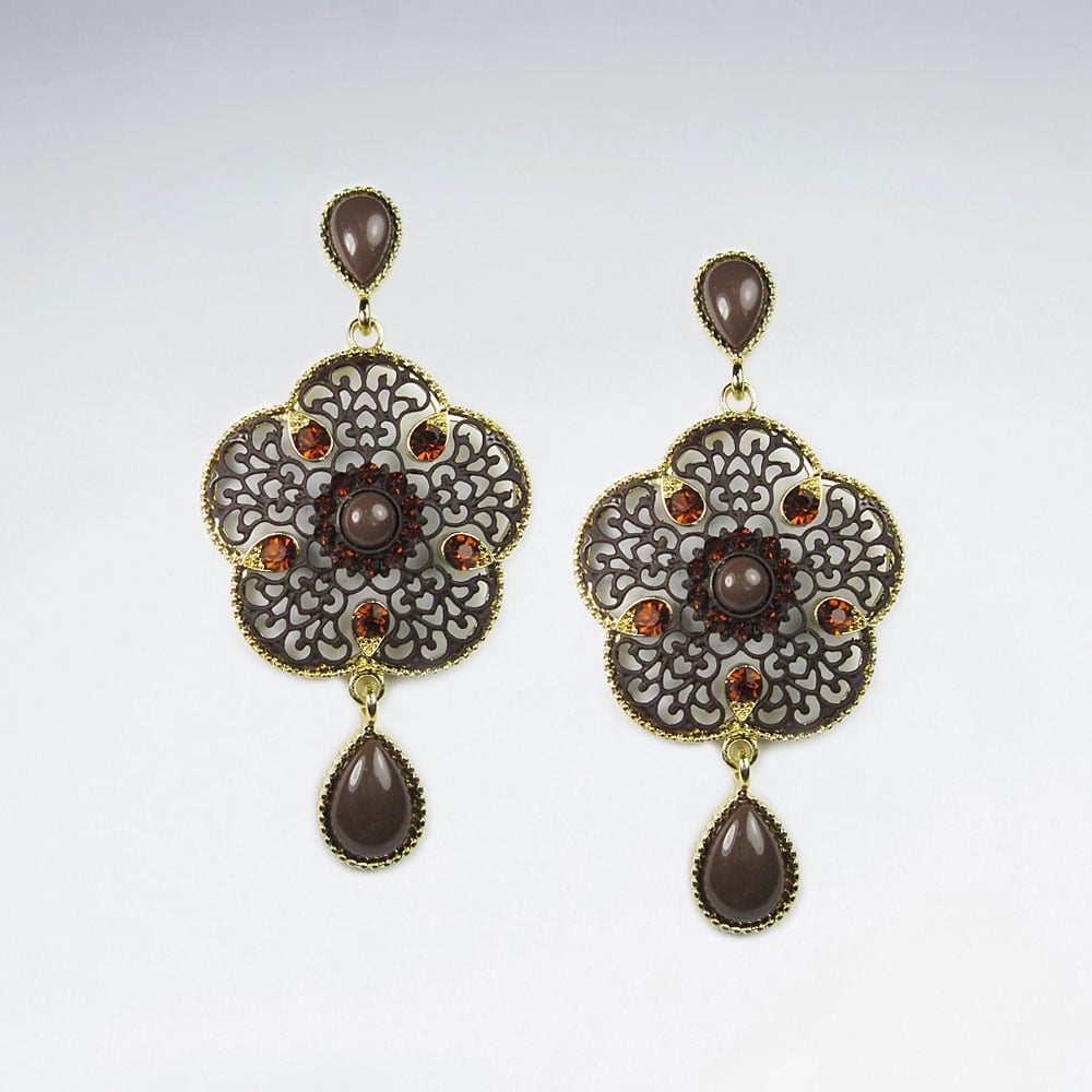 Brass Crystal & Stone Vintage Filigree Dangle Earrings