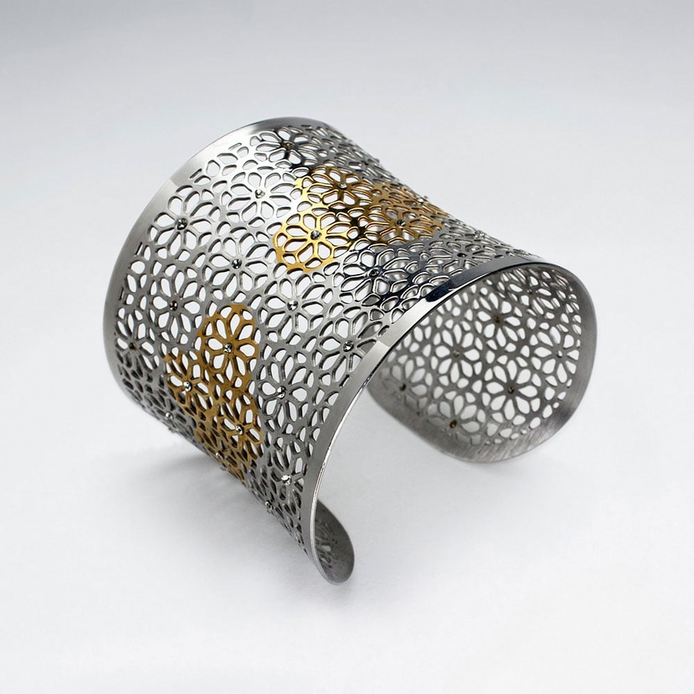 Stainless Steel Filigree Flower Crystal Bangle Cuff