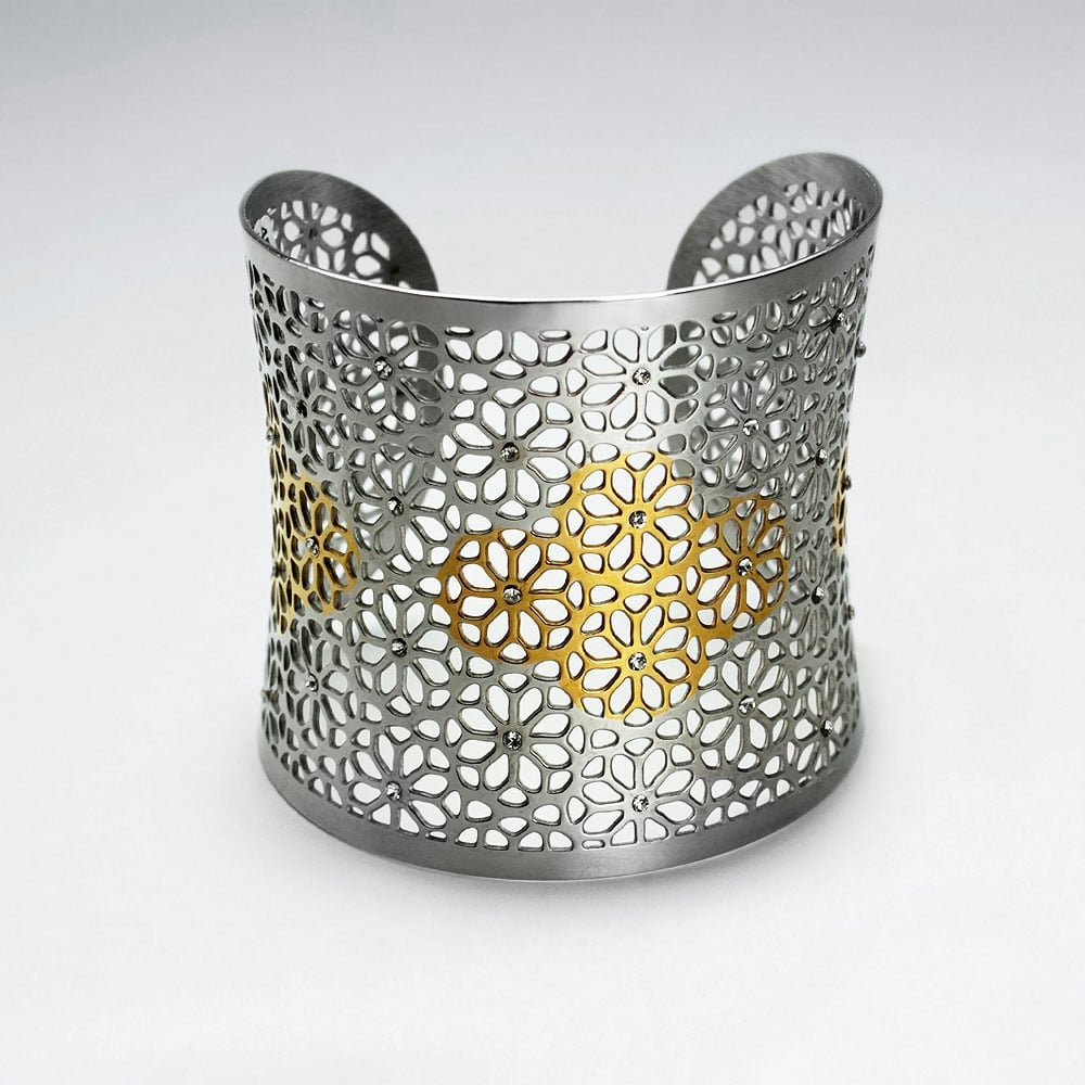 Stainless Steel Filigree Flower Crystal Bangle Cuff