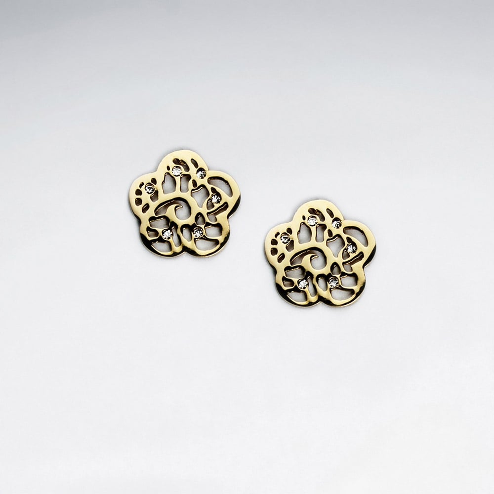 Stainless Steel CZ Studded Trefoil Filigree Earrings