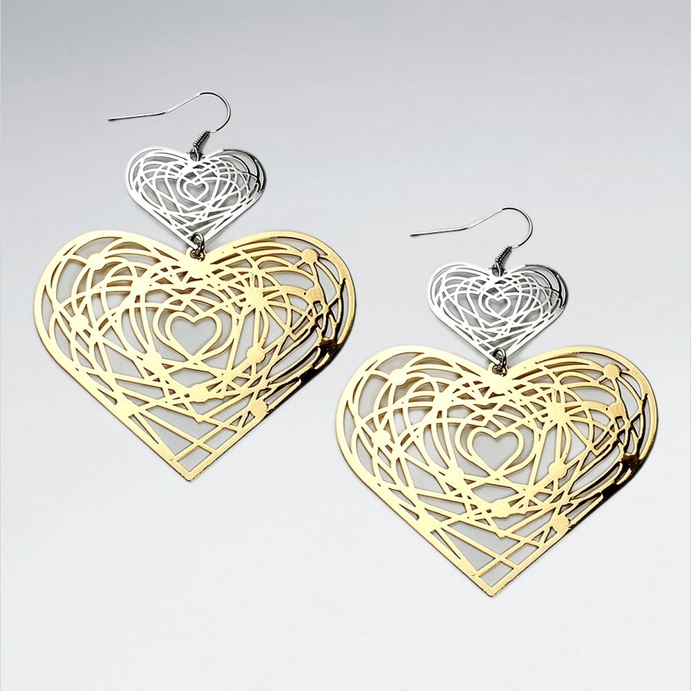 Brass Double Abstract Fibers Hearts Gradual Size Duel Tone Dangle Earrings