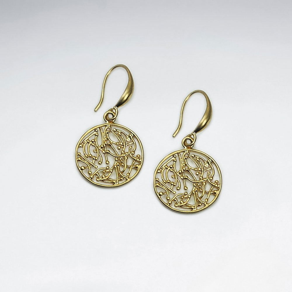 Brass Ornate Openwork Circle Hook Earrings