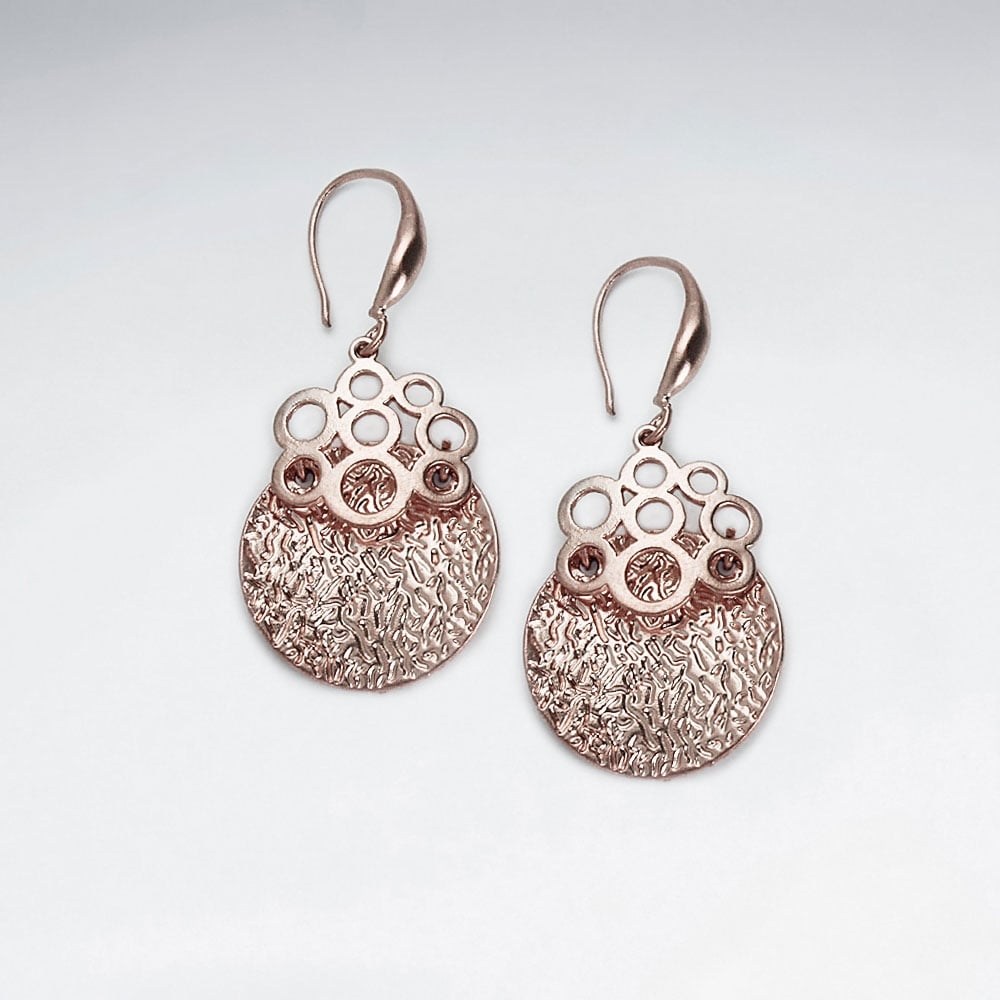 Brass Textured Circle Dangle Openwork Adorned Earrings