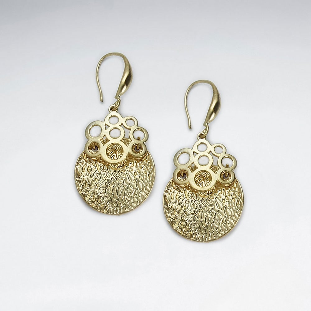 Brass Textured Circle Dangle Openwork Adorned Earrings