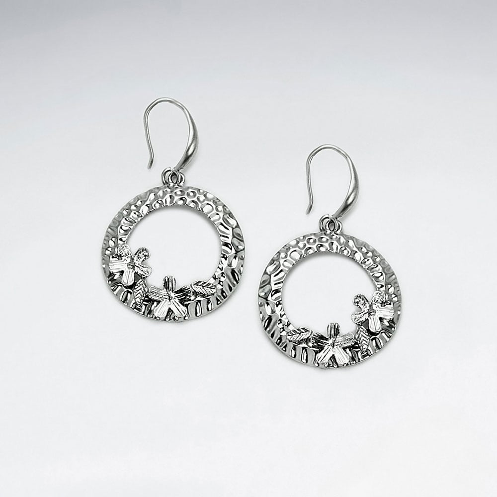 Brass Textured Flower Wreath Hook Earrings
