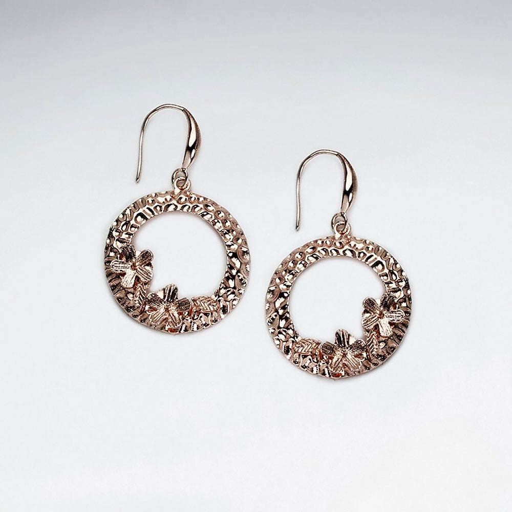 Brass Textured Flower Wreath Hook Earrings