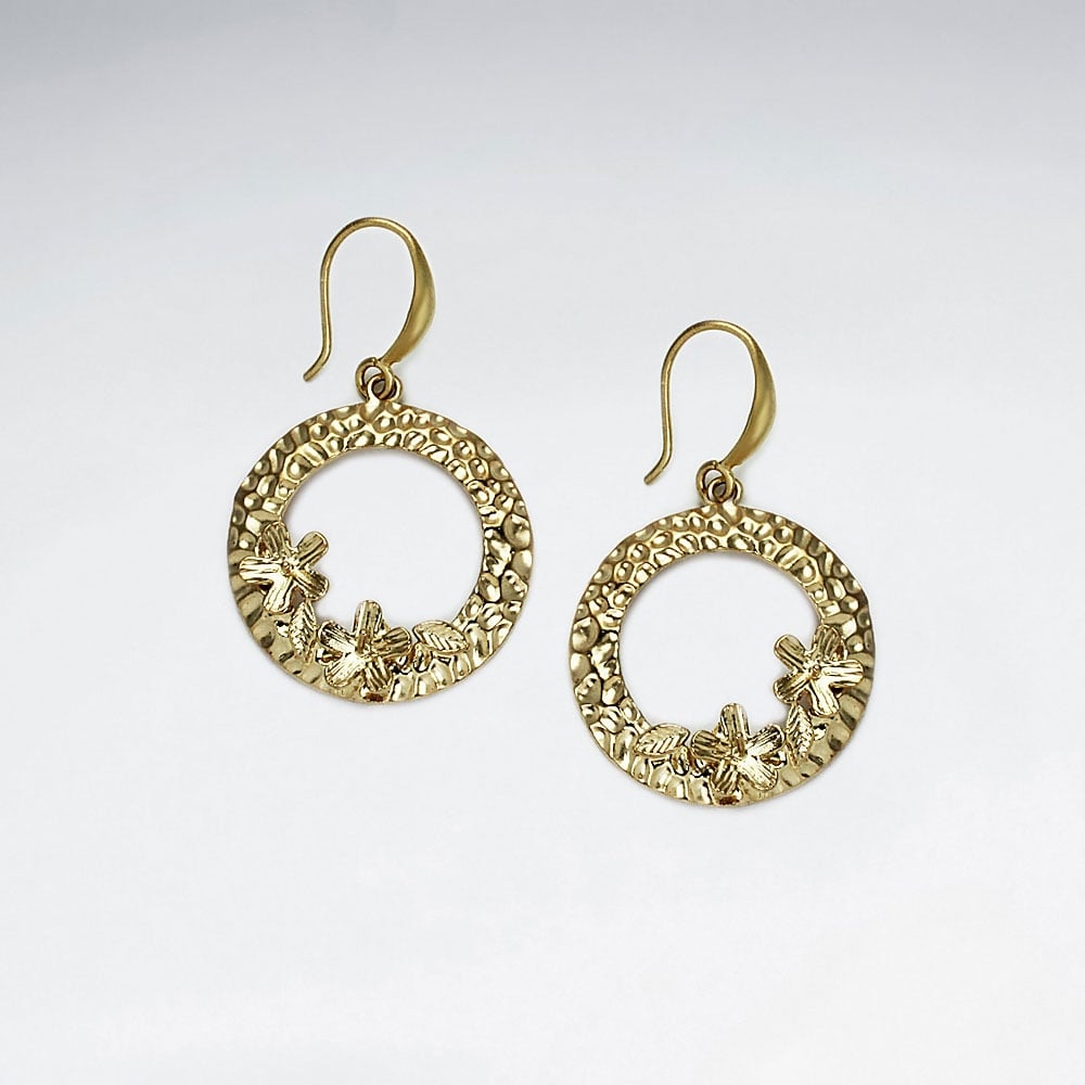 Brass Textured Flower Wreath Hook Earrings