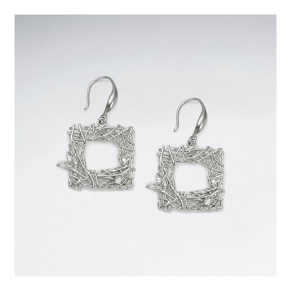 Brass Open Square Texture Crystal Earings