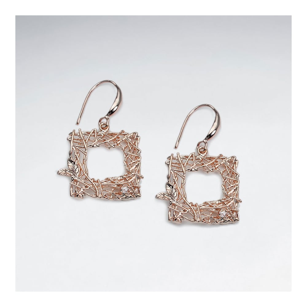 Brass Open Square Texture Crystal Earings