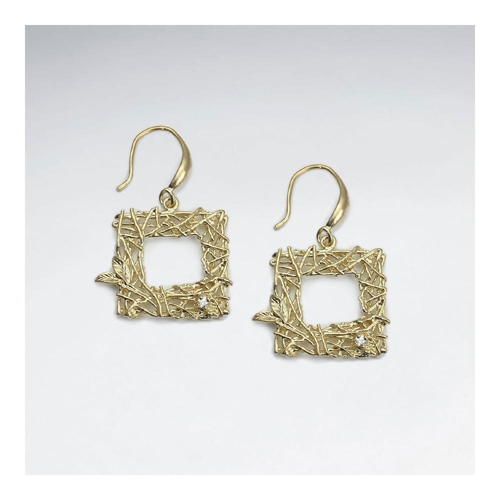 Brass Open Square Texture Crystal Earings