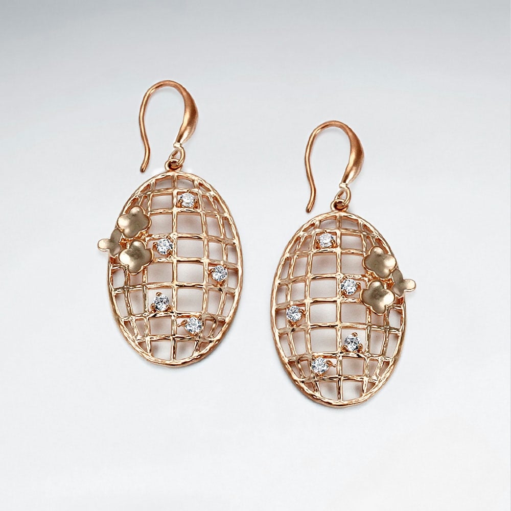Brass Domed Openwork Lattice Cut Oval Earrings