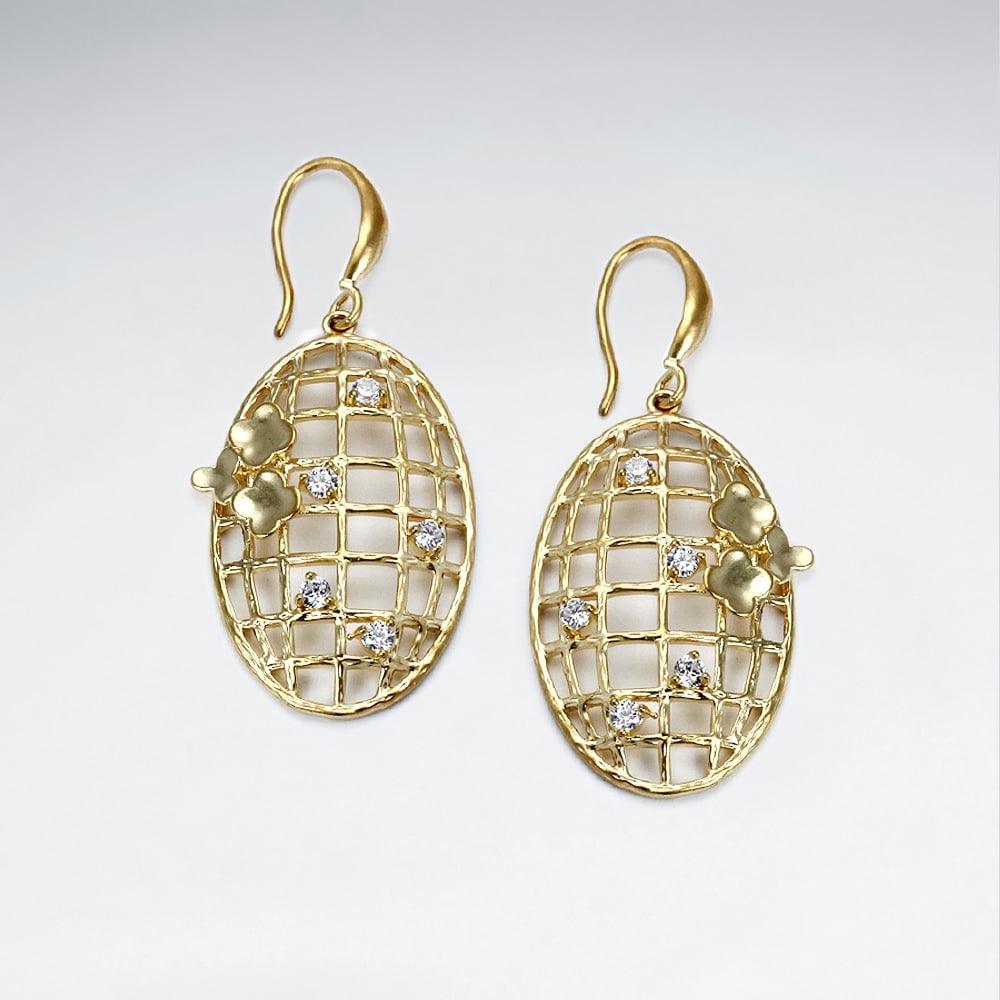 Brass Domed Openwork Lattice Cut Oval Earrings