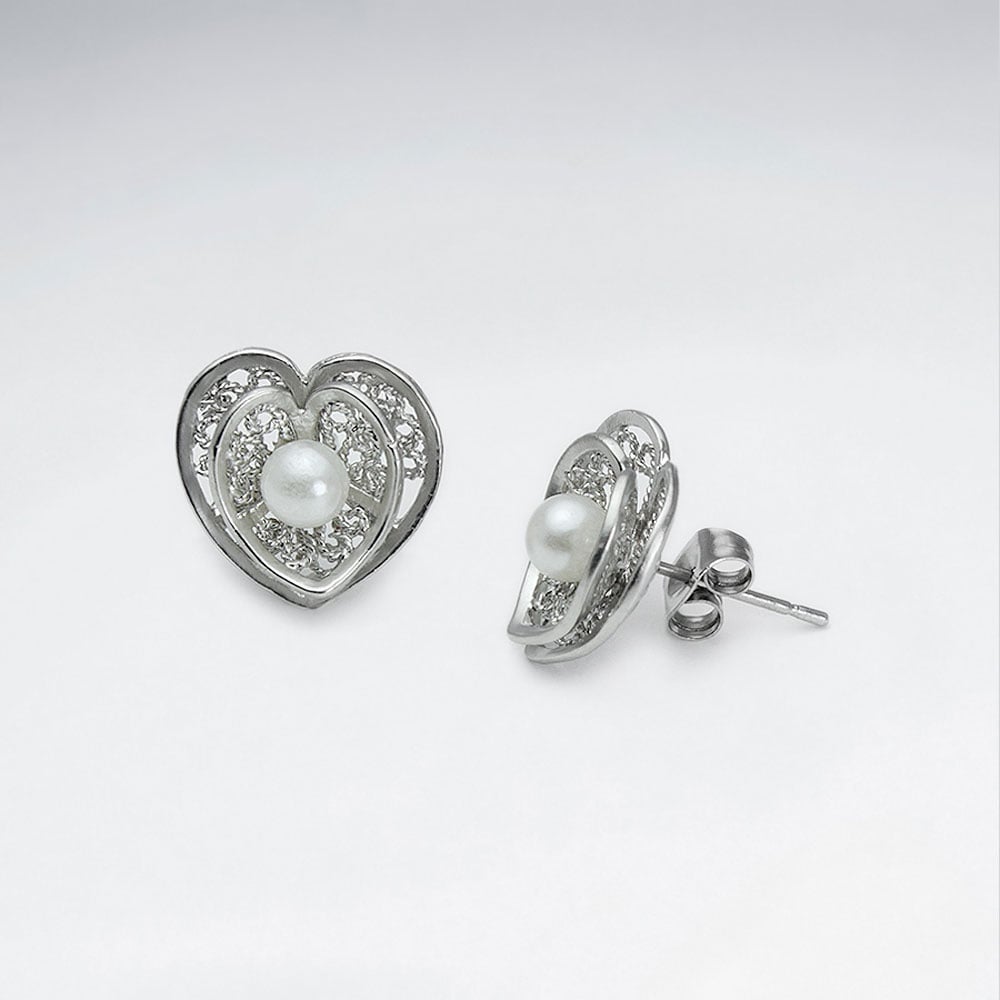 Brass Faux Pearl Openwork Hearts Stud Earrings