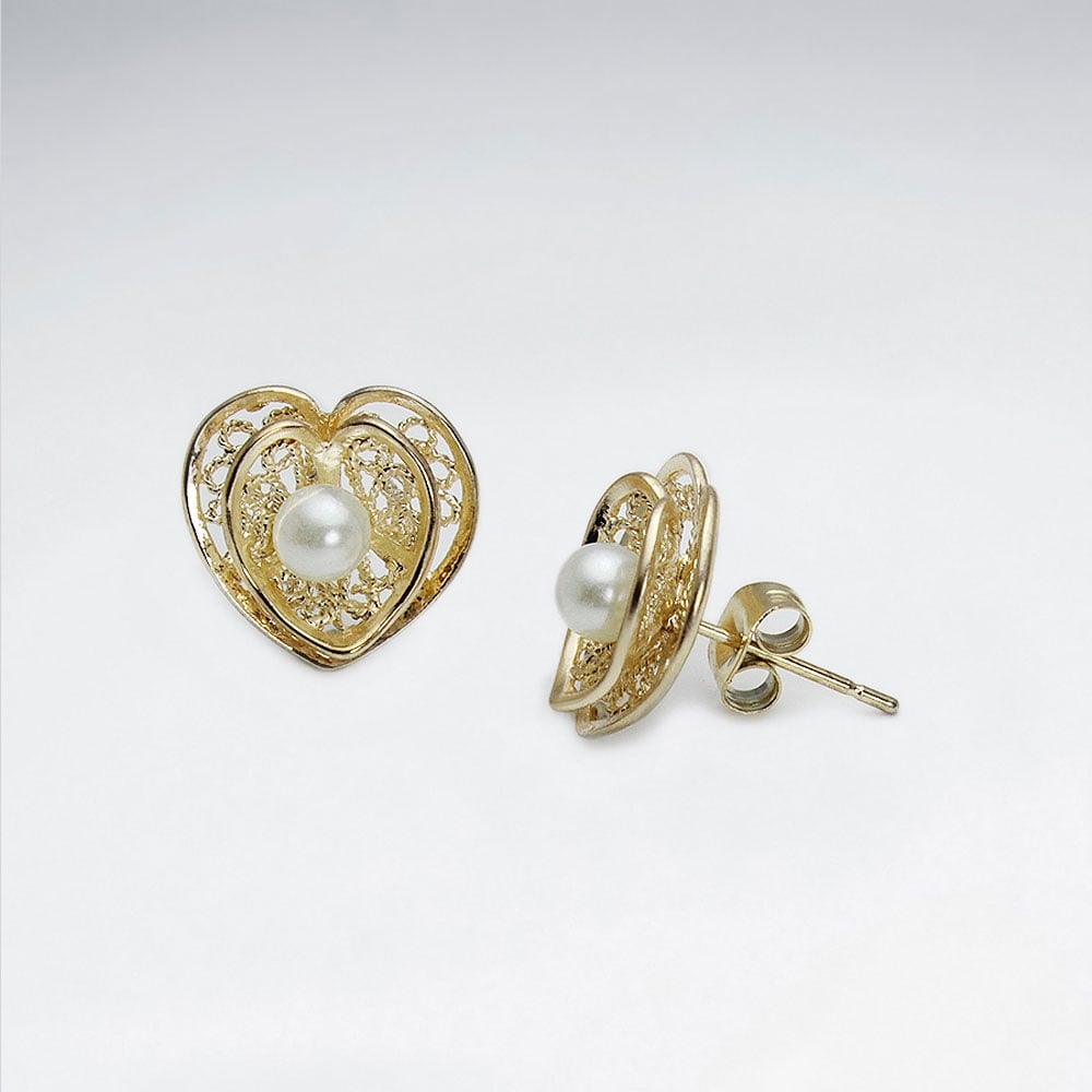 Brass Faux Pearl Openwork Hearts Stud Earrings