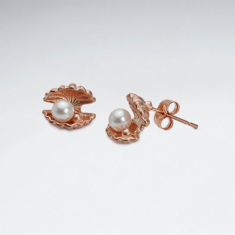 Brass Oyster Stud Earrings with Faux Pearl Accent