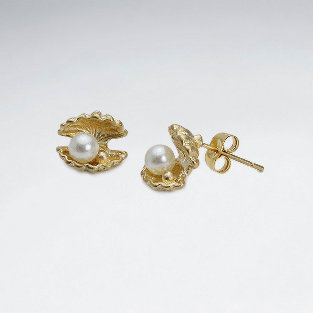 Brass Oyster Stud Earrings with Faux Pearl Accent