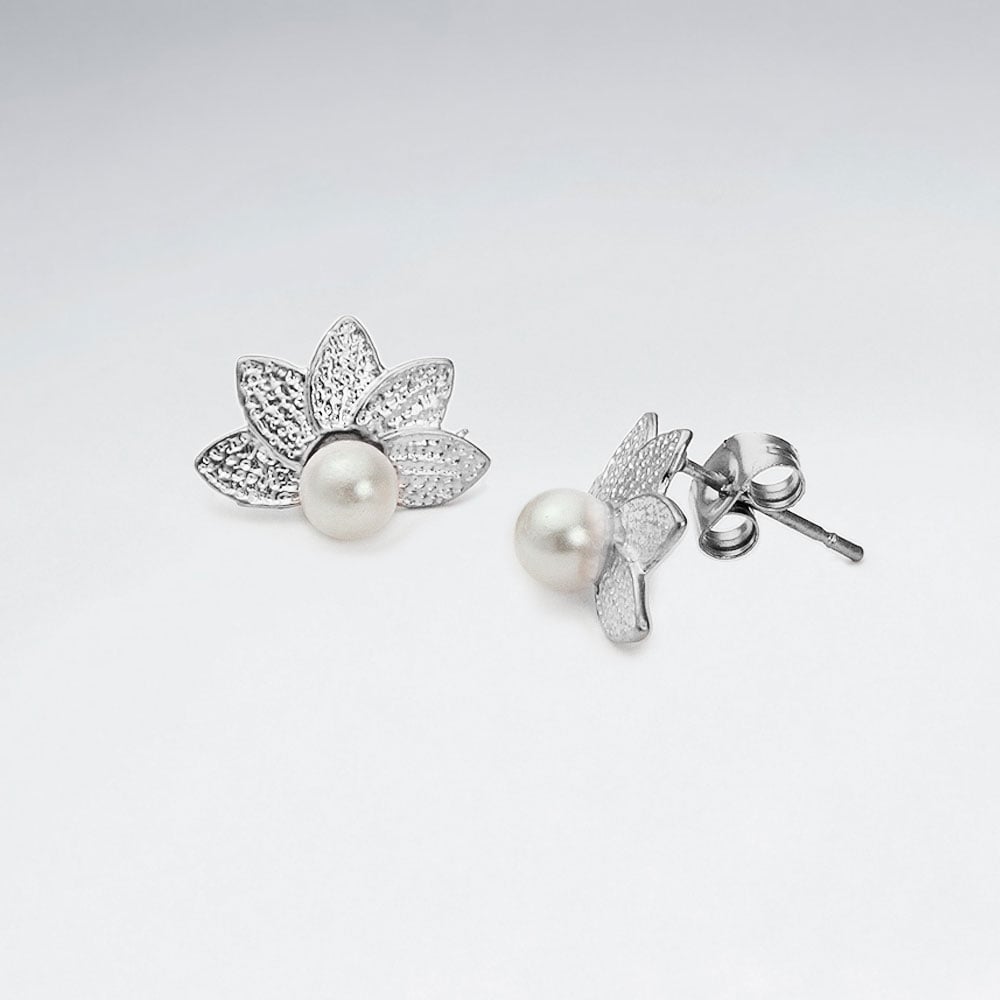 Brass Fanned Earrings with Faux Pearl Accent