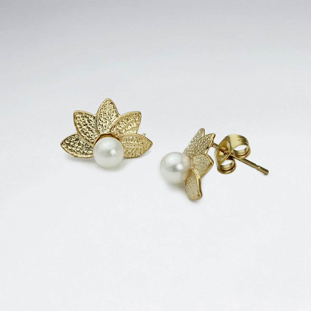 Brass Fanned Earrings with Faux Pearl Accent