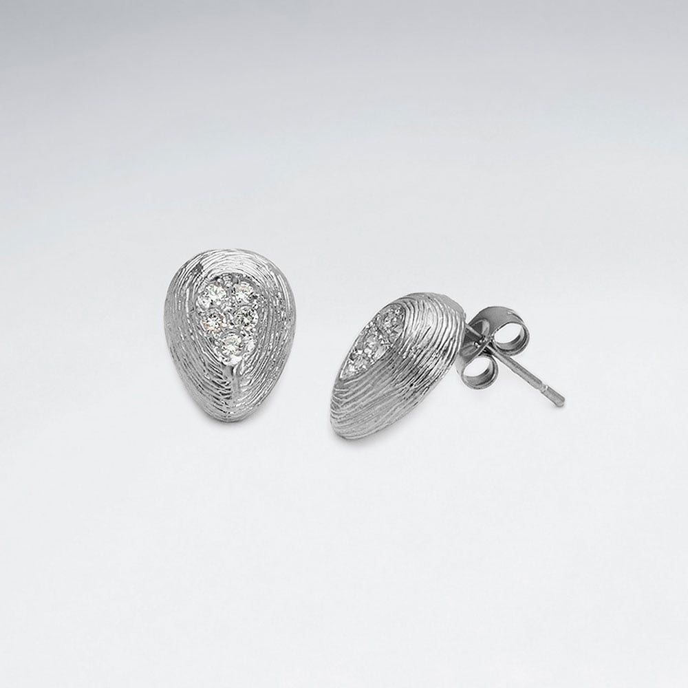 Brass Seedling Textured  Stud Earrings with Crystal Accent