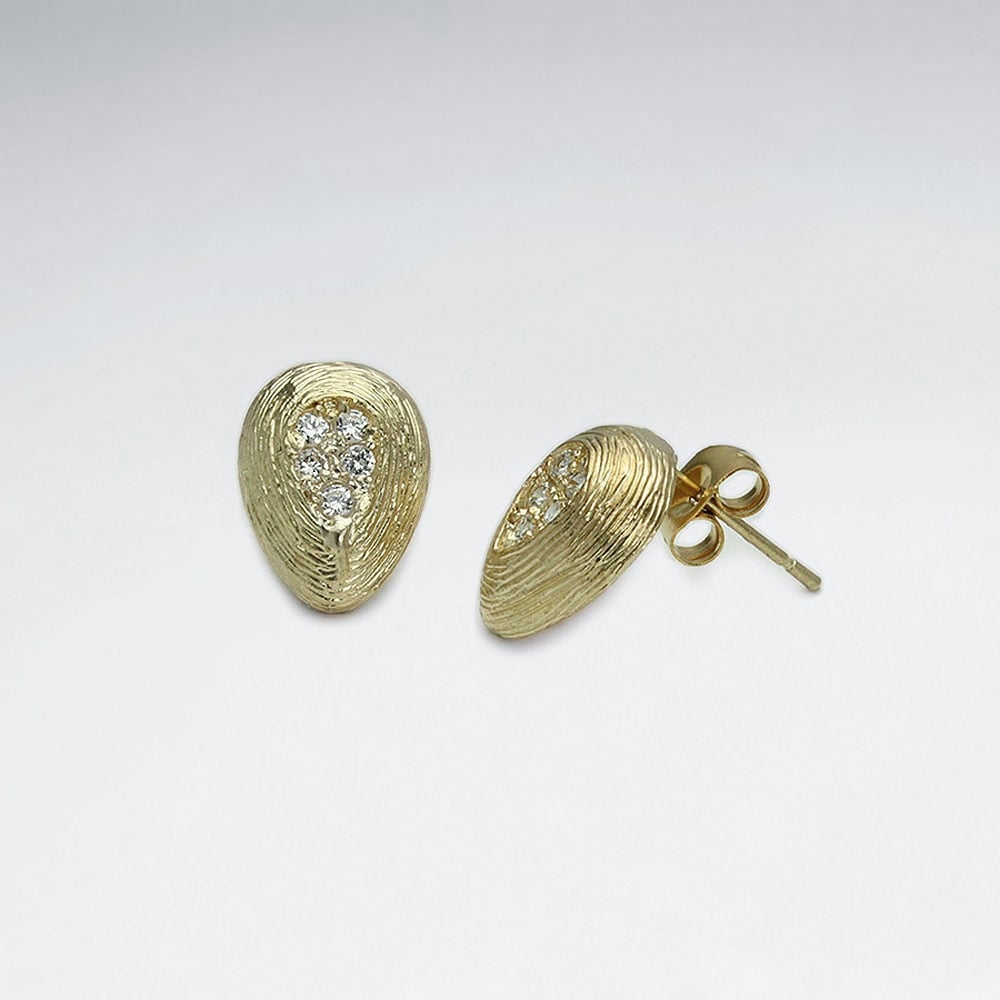 Brass Seedling Textured  Stud Earrings with Crystal Accent